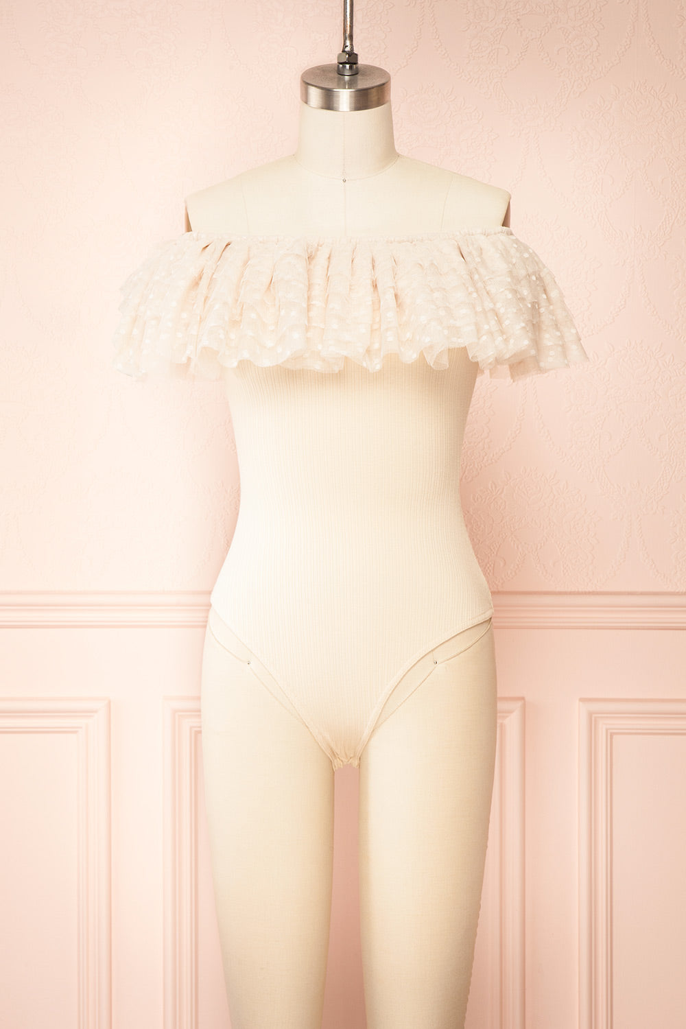 Marinel | Beige Ribbed Bodysuit w/ Dotted Tulle