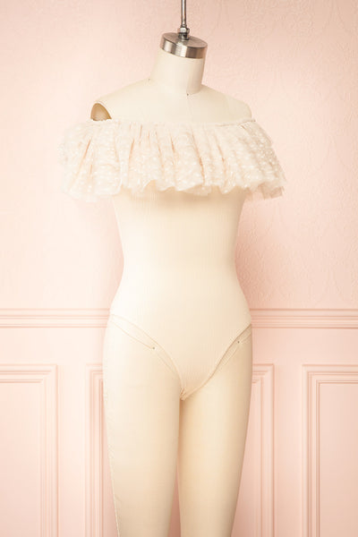 Marinel Beige Ribbed Bodysuit w/ Dotted Tulle | Boutique 1861 side view