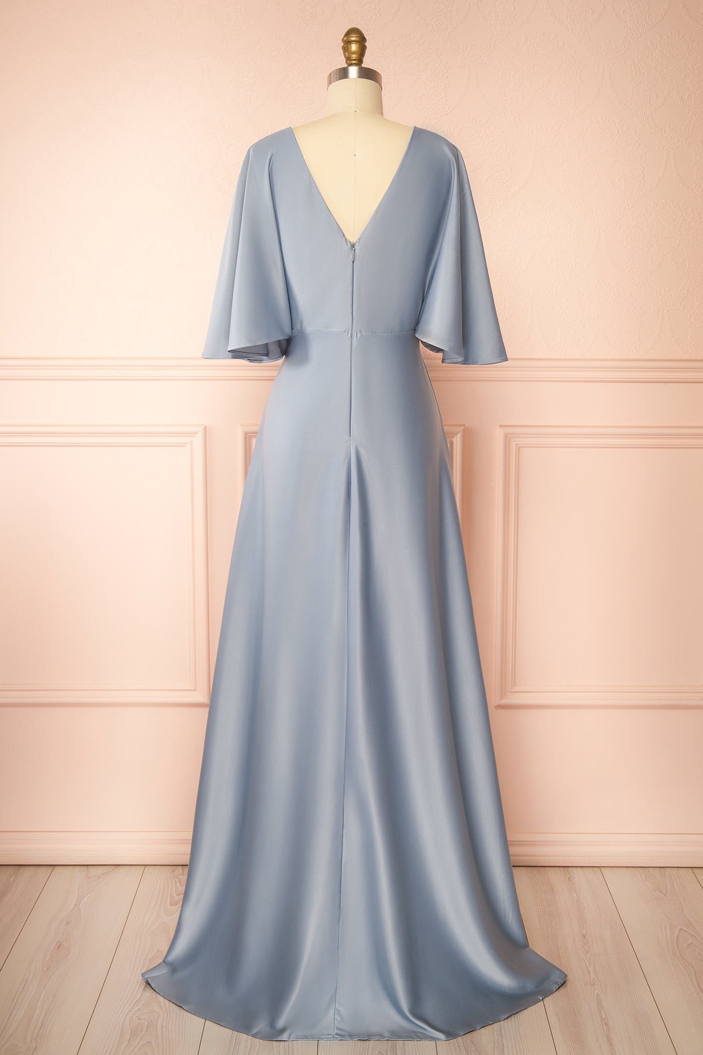 Backview of Marinella Blue Satin Maxi Dress with Bell Sleeves at boutique 1861
