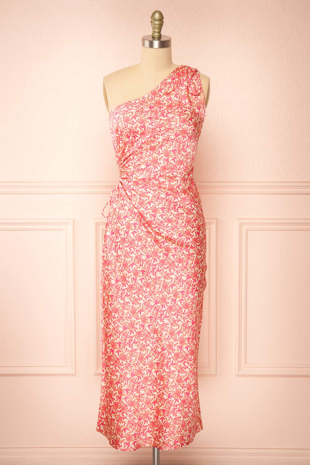 Marion One-Shoulder Floral Satin Midi Dress | Boutique 1861 front view