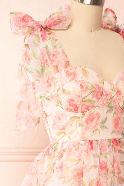 Marisole Bustier Floral Midi Dress w/ Bow Straps | Boutique 1861 side close-up