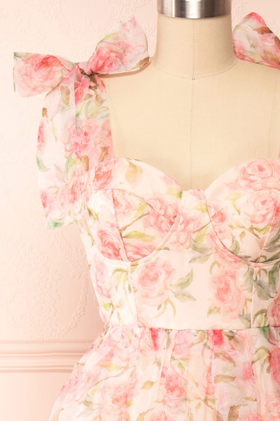 Marisole Bustier Floral Midi Dress w/ Bow Straps | Boutique 1861 front close-up