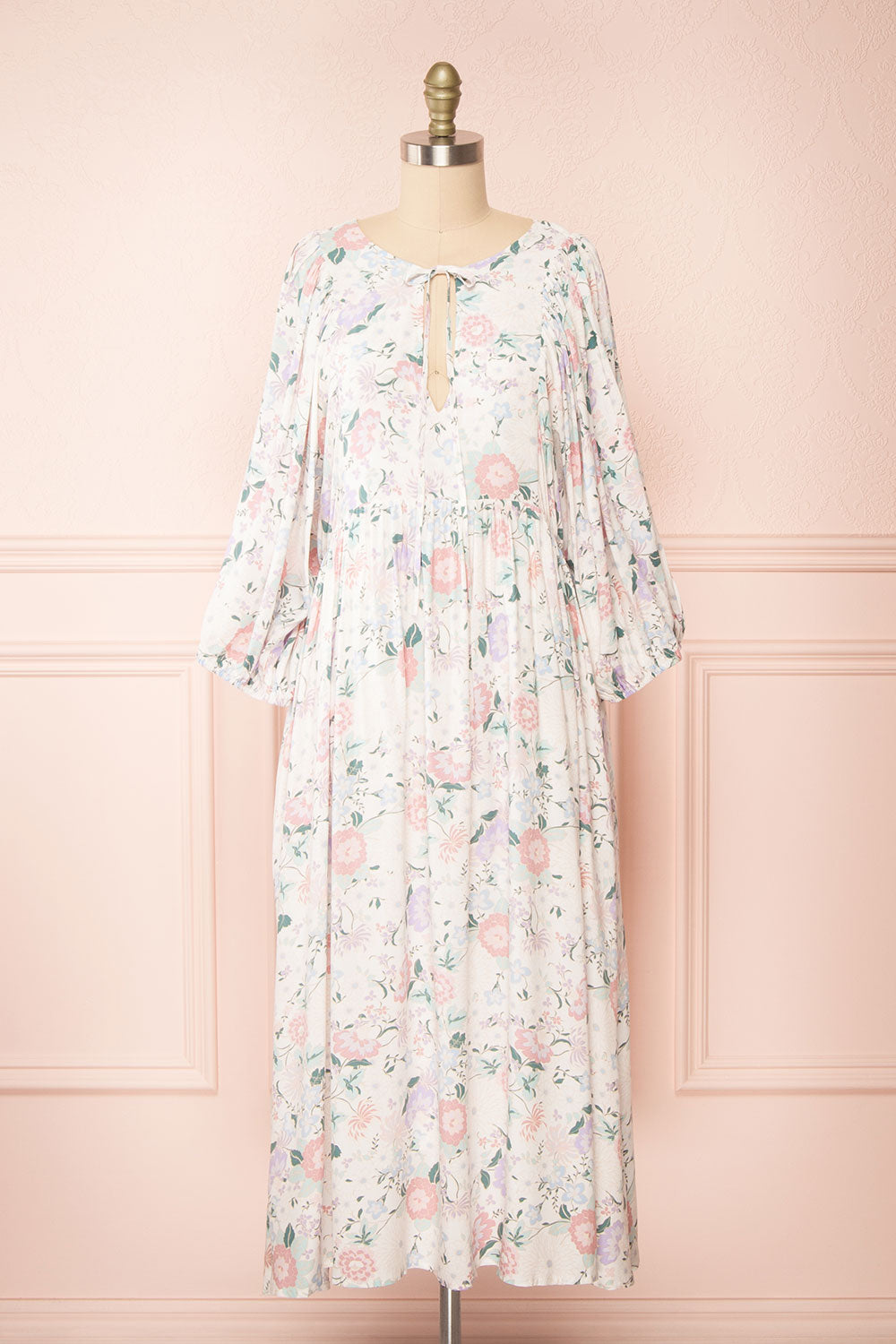 Marla | Long Sleeve White Floral Midi Dress