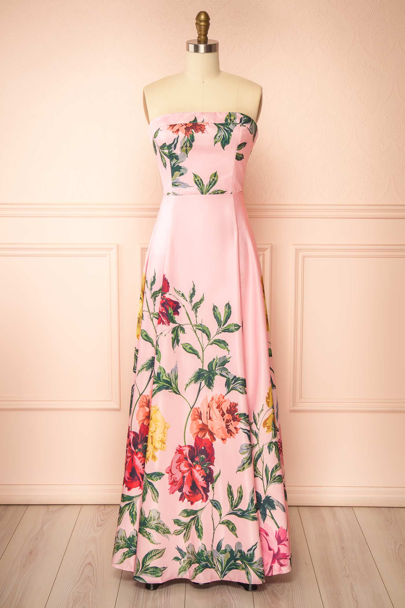 Marlee | Pink Strapless Floral Print Dress with Lace-Up Back