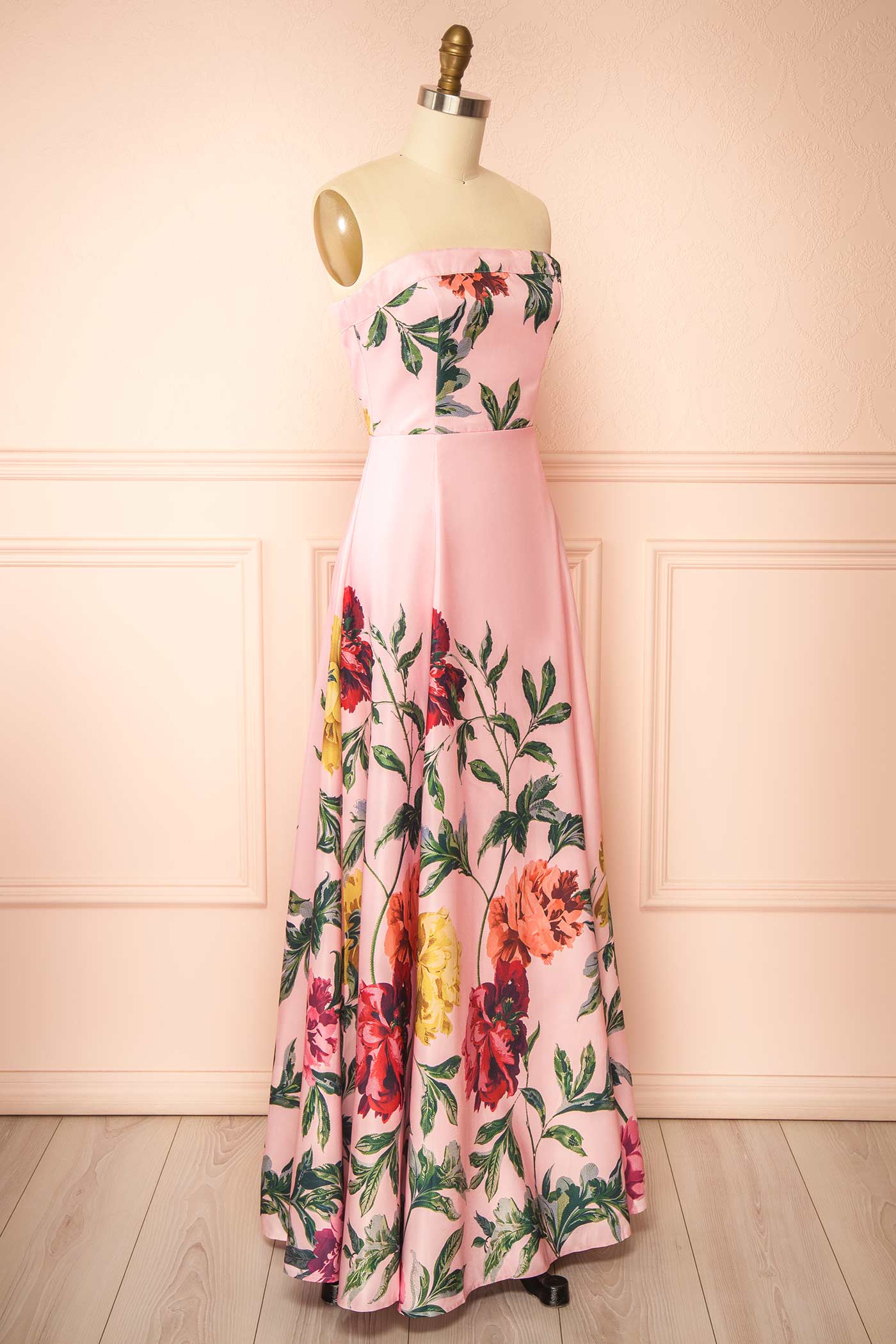 Marlee | Pink Strapless Floral Print Dress with Lace-Up Back