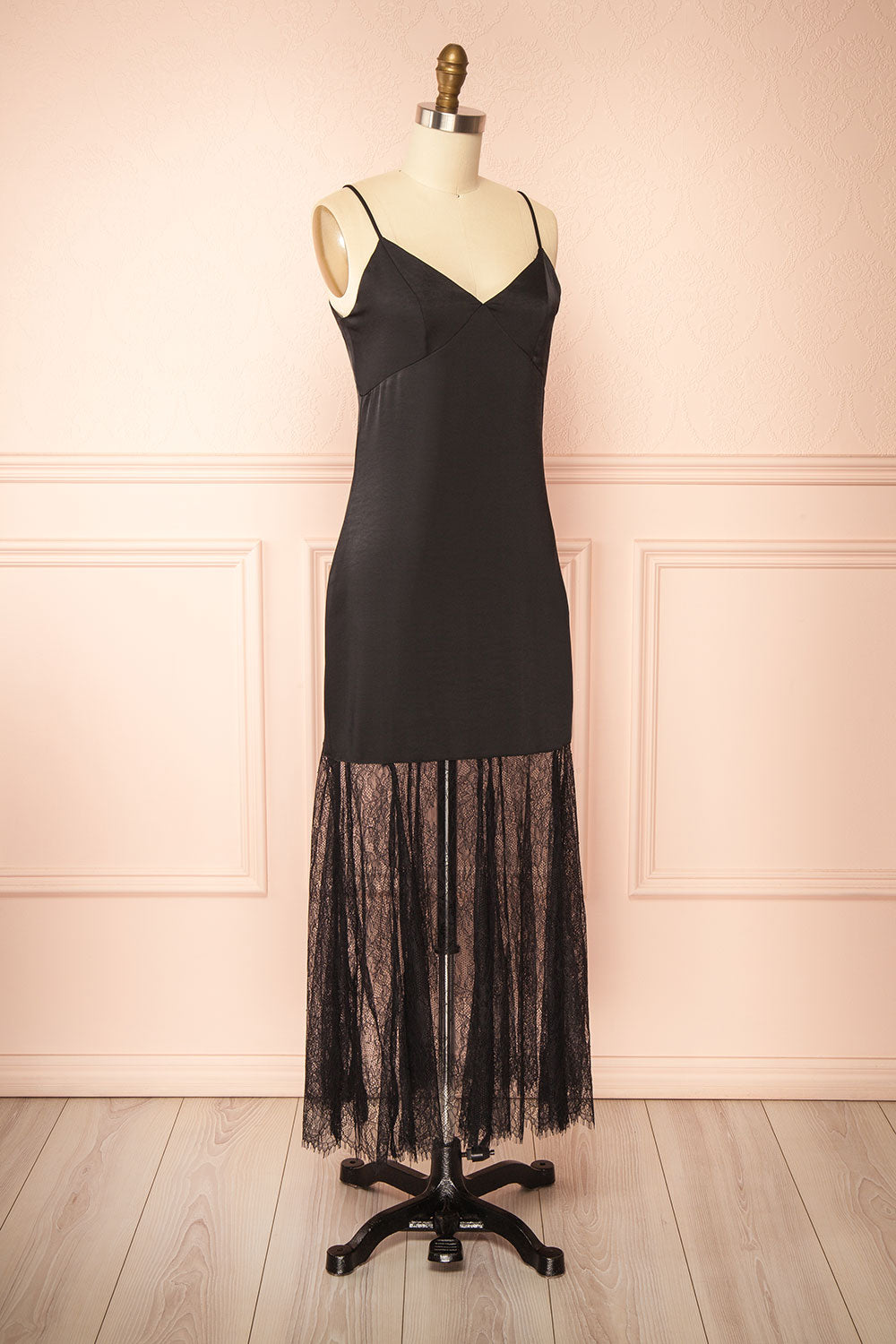 Marlie Black Satin Midi Dress with Lace | Boutique 1861 side view