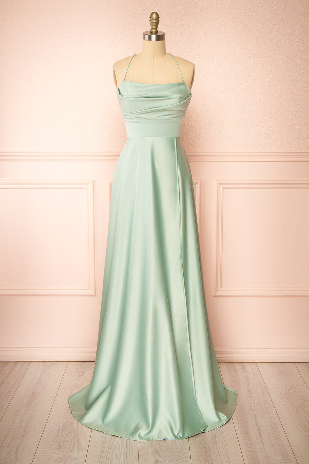 Marlys Sage Cowl Neck Satin Maxi Dress w/ High Slit | Boutique 1861 front view