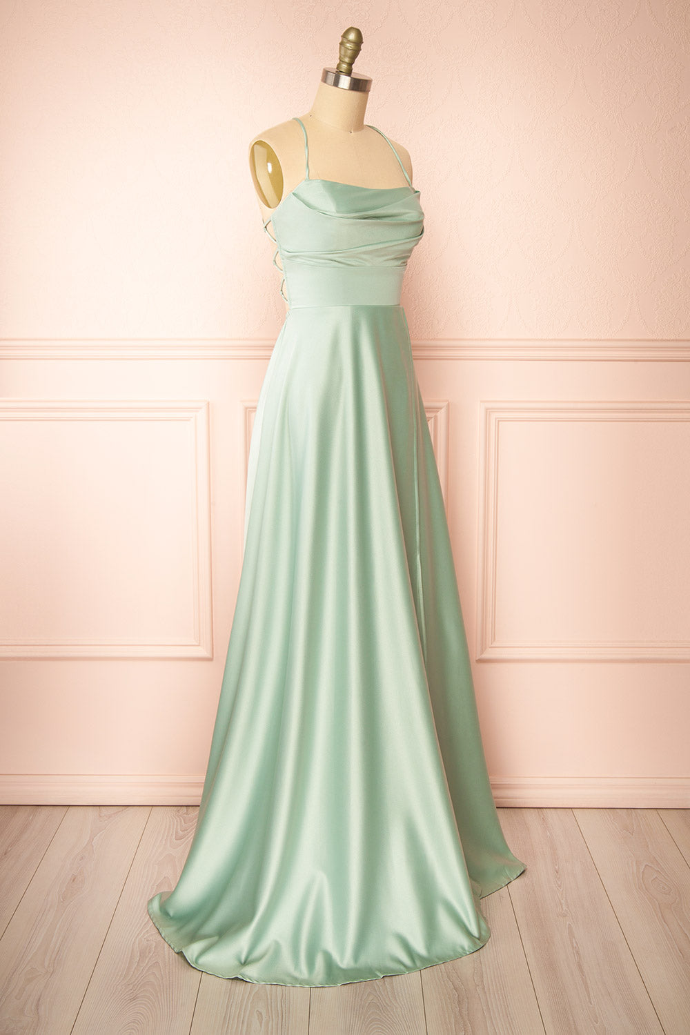 Marlys Sage Cowl Neck Satin Maxi Dress w/ High Slit | Boutique 1861 side view