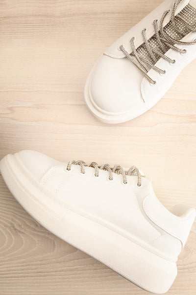Marona White Lace-Up Sneakers w/ Crystals | La petite garçonne flat view