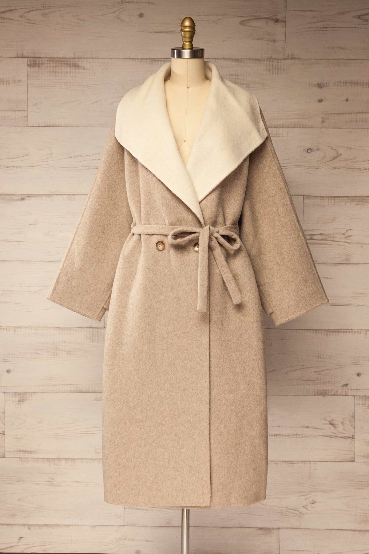 front view of Marsoui Beige Wrap Coat with Wide Collar and Tie Belt at La petite garçonne
