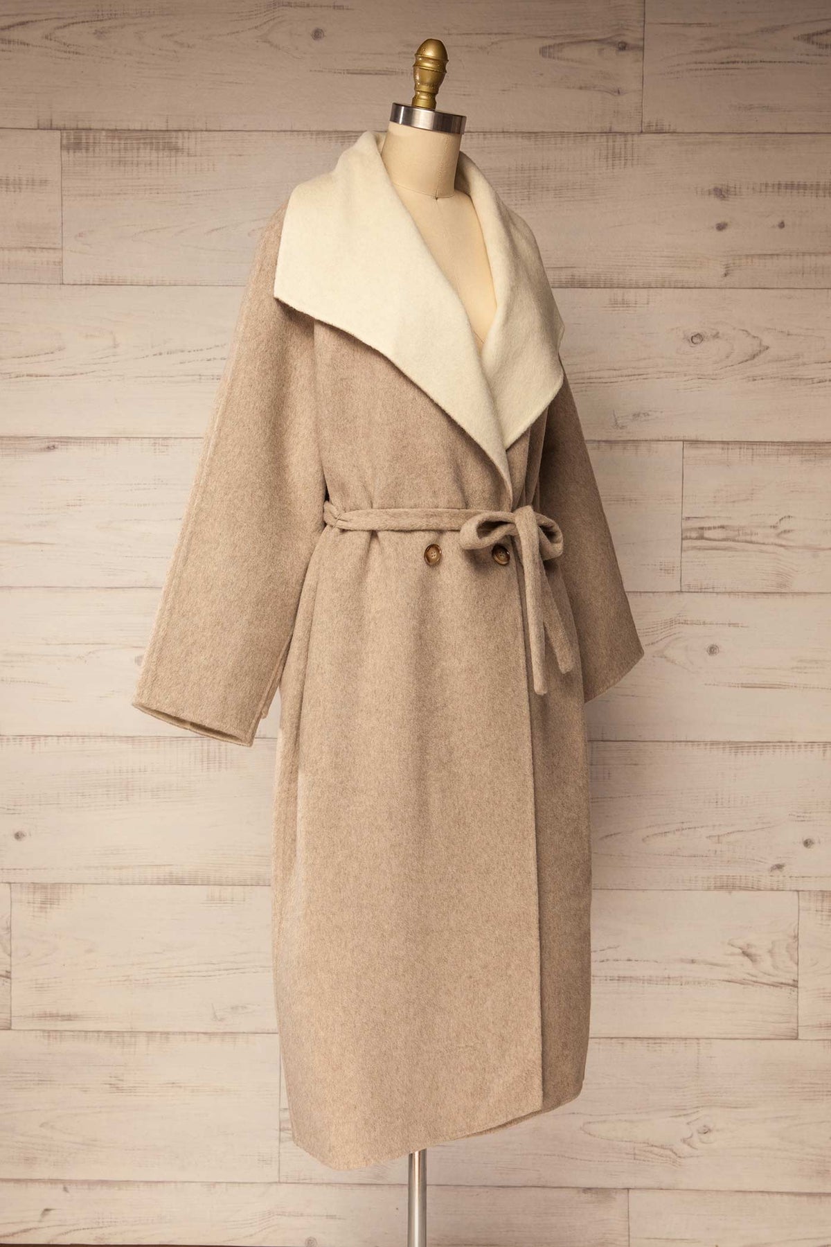side view of Marsoui Beige Wrap Coat with Wide Collar and Tie Belt at La petite garçonne