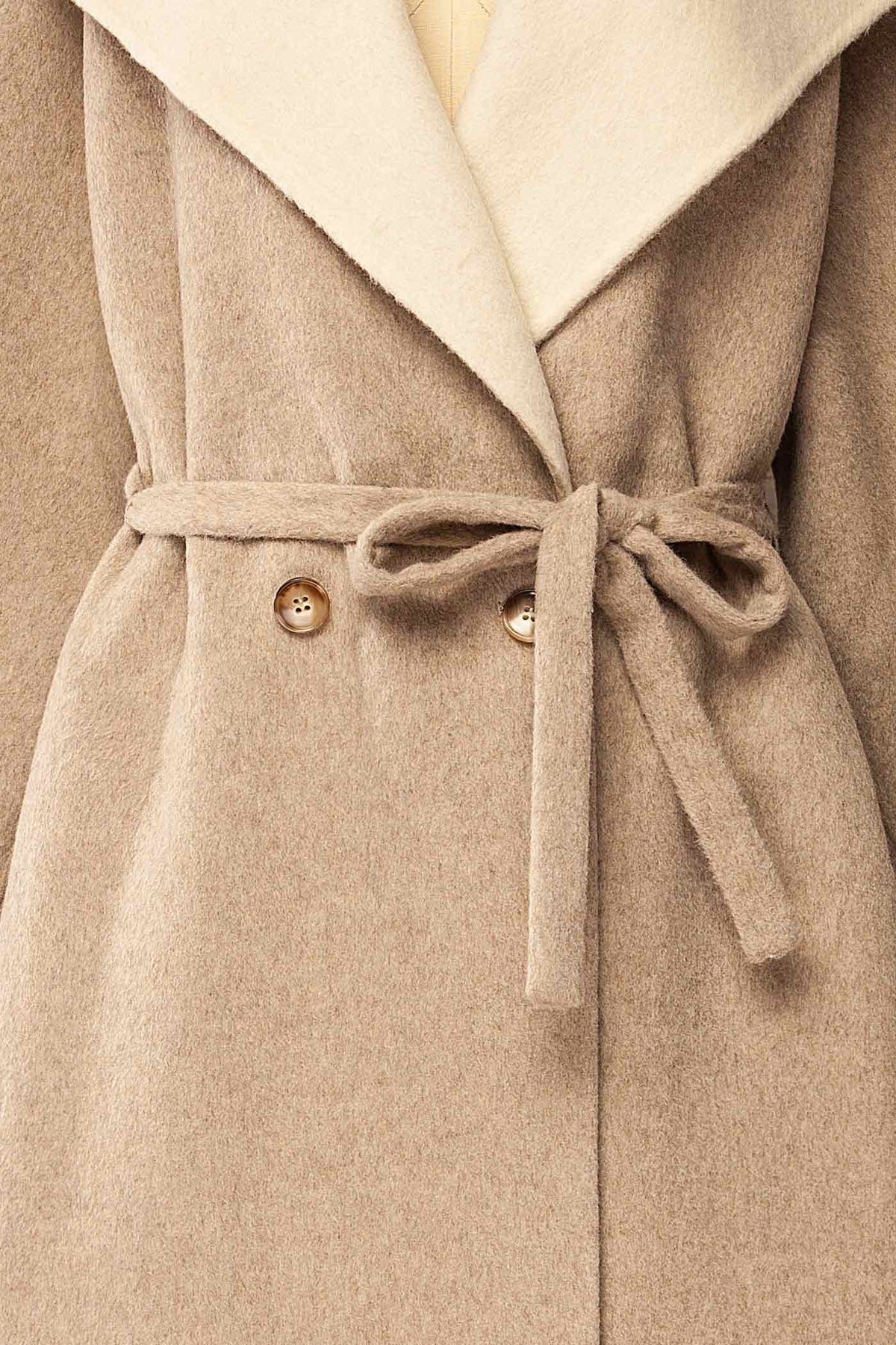 fabric view of Marsoui Beige Wrap Coat with Wide Collar and Tie Belt at La petite garçonne