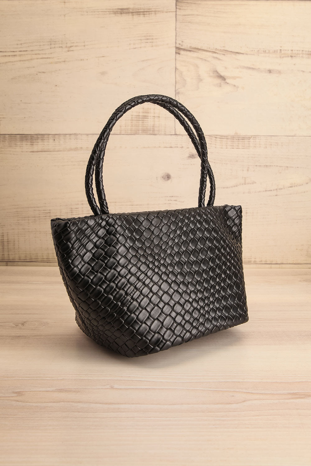 Marsy Black Woven Embossed Handbag | La petite garçonne side view