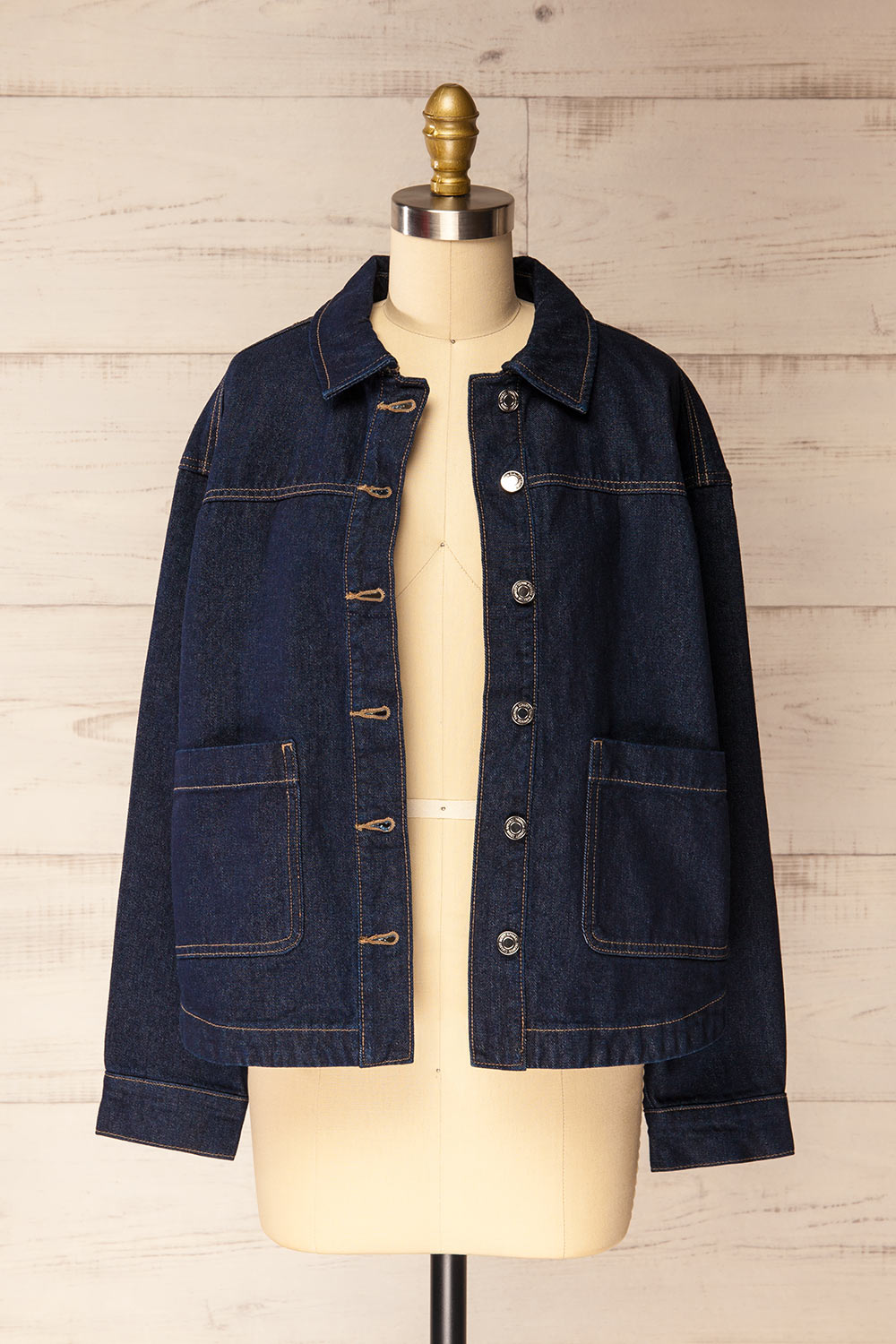 Matera Dark Wash Denim Button-Up Jacket with Pockets | La petite garçonne open view