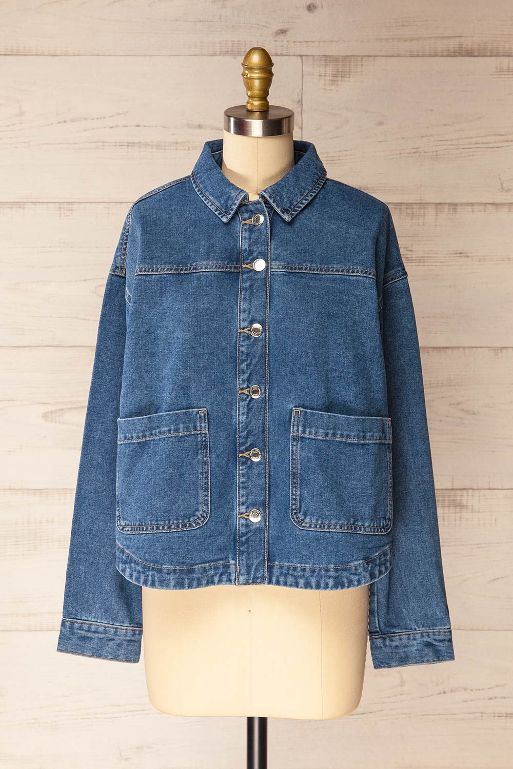 Matera Medium Wash Denim Button-Up Jacket with Pockets | La petite garçonne front view