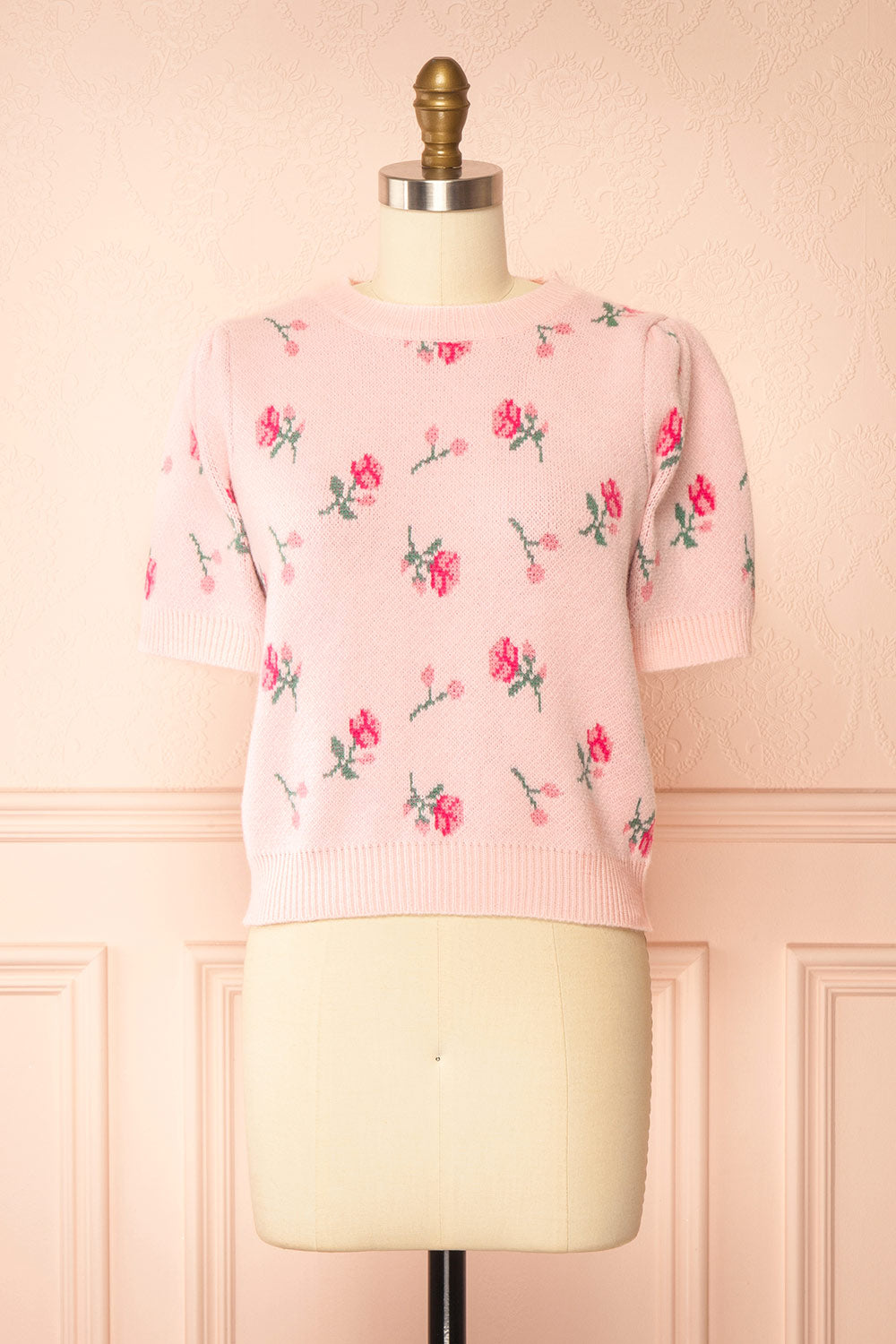 Mavis Pink Knit Top with Floral Pattern | Boutique 1861 front view