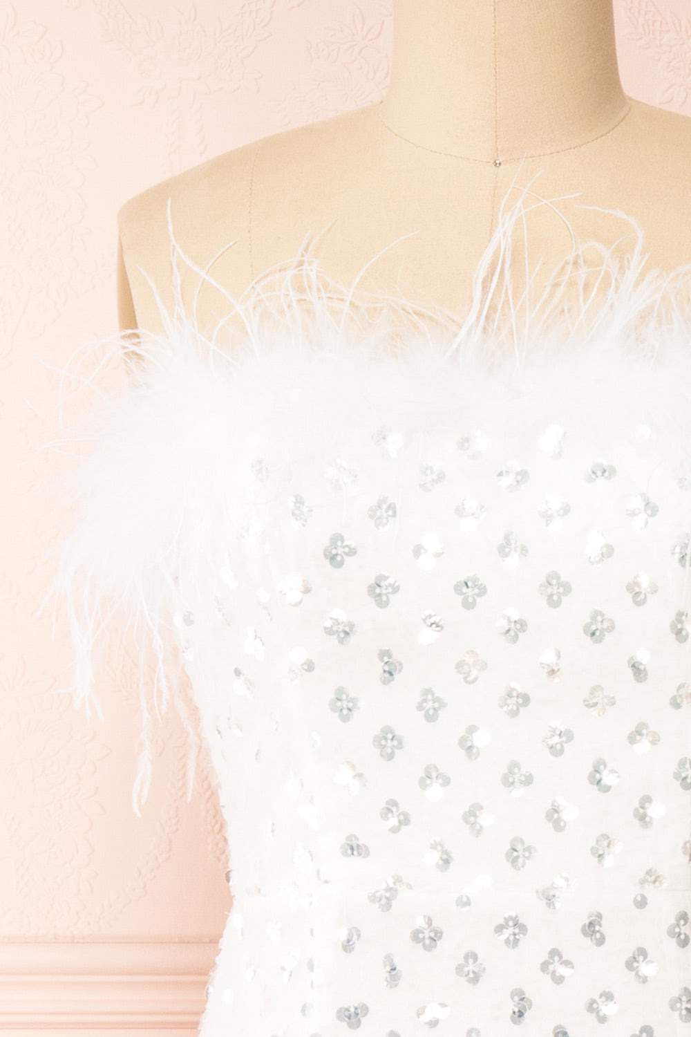 Mayurika White Strapless Sequin Midi Dress w/ Feathers | Boudoir 1861 front close-up