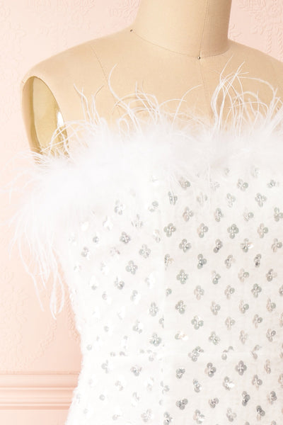 Mayurika White Strapless Sequin Midi Dress w/ Feathers | Boudoir 1861 side close-up