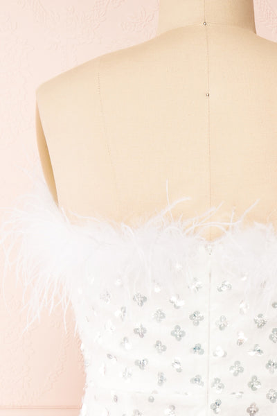 Mayurika White Strapless Sequin Midi Dress w/ Feathers | Boudoir 1861 back close-up