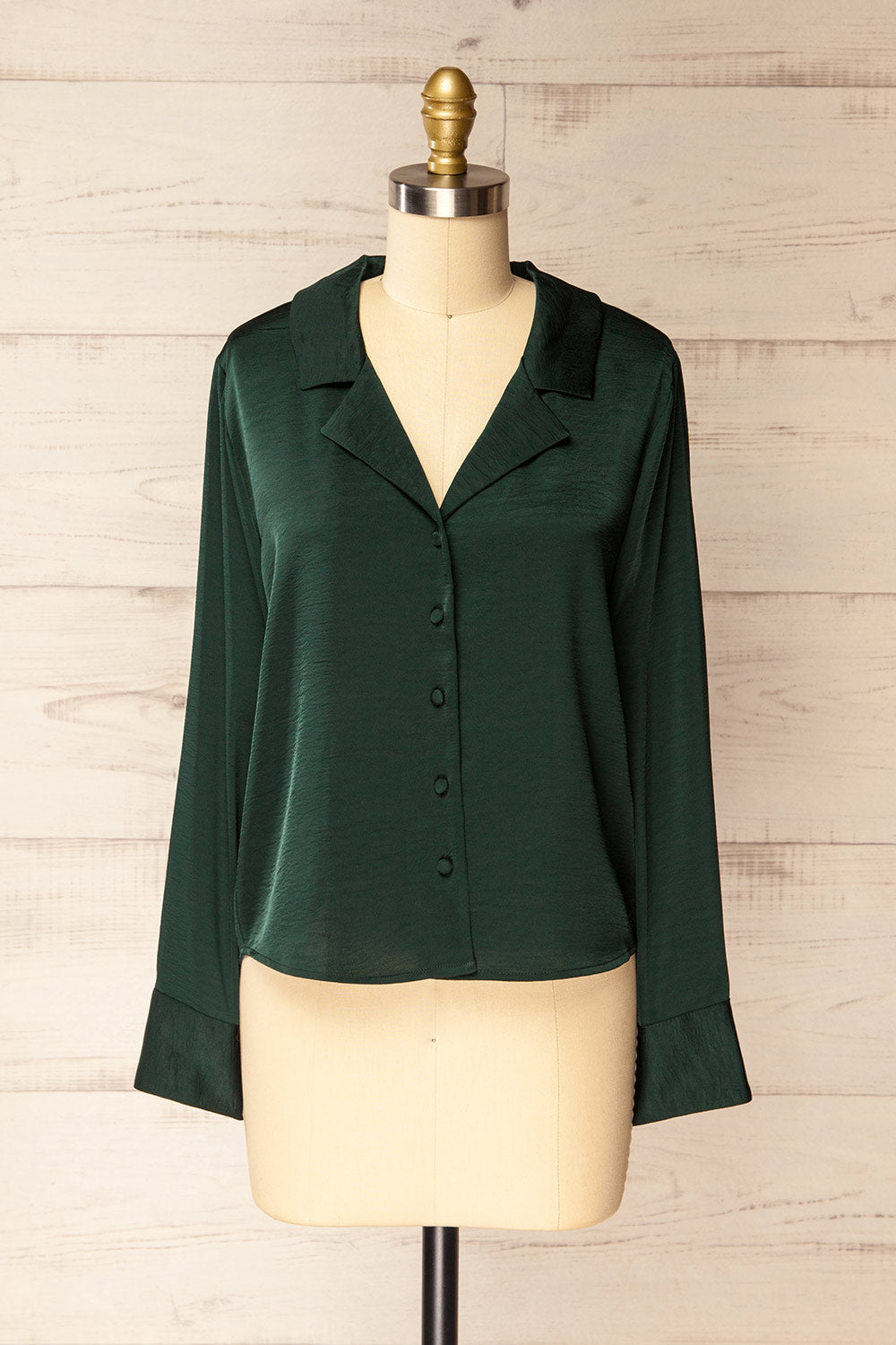 Medan Green Buttoned-Up Satin Blouse | La petite garçonne front view
