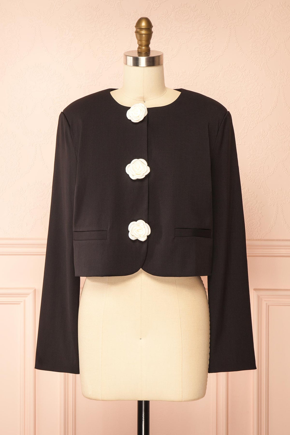 front view of Meera Black Cropped Blazer with Flower Buttons at Boutique 1861