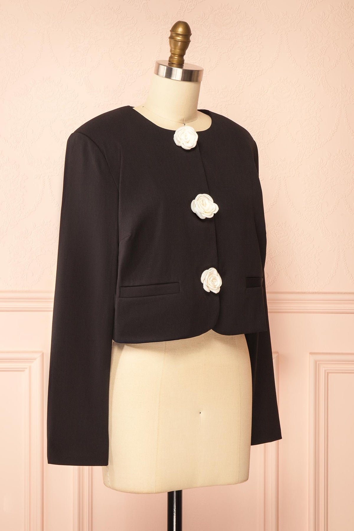 side view of Meera Black Cropped Blazer with Flower Buttons at Boutique 1861
