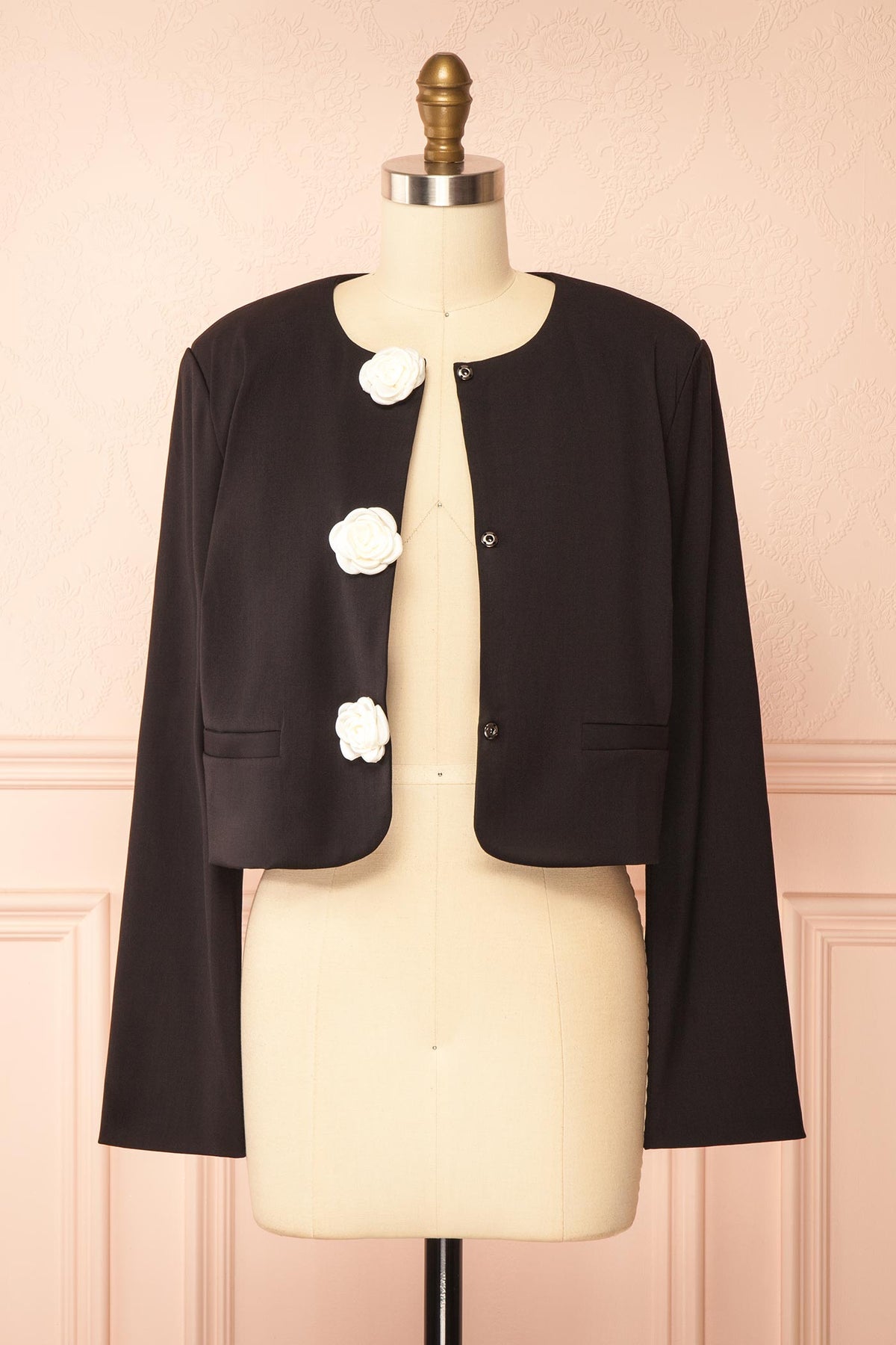 front open view of Meera Black Cropped Blazer with Flower Buttons at Boutique 1861