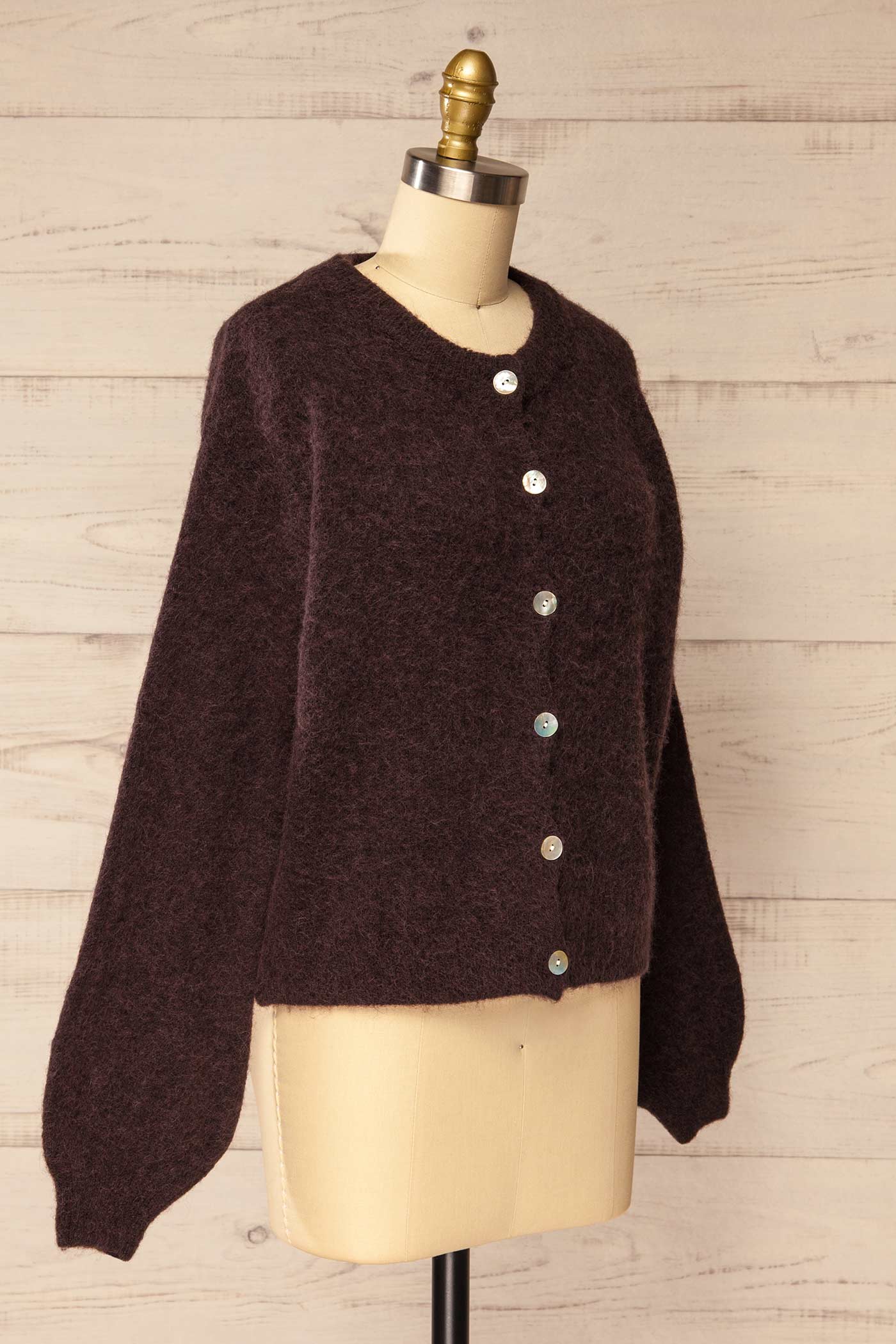 side view of Megumi Brown Button-Front Knit Cardigan at La petite garçonne 