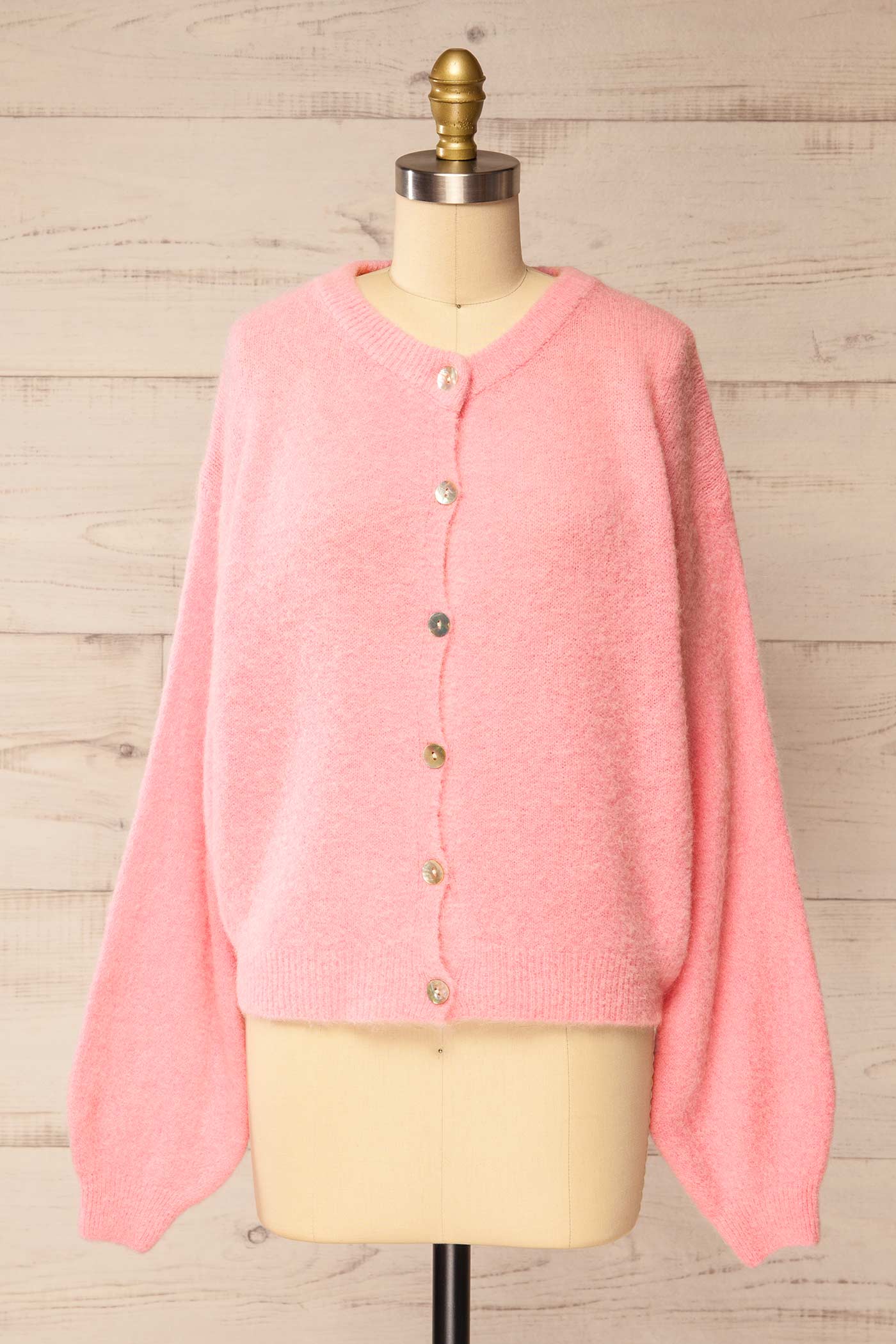 front view of Megumi Pink Button-Front Knit Cardigan at La petite garçonne
