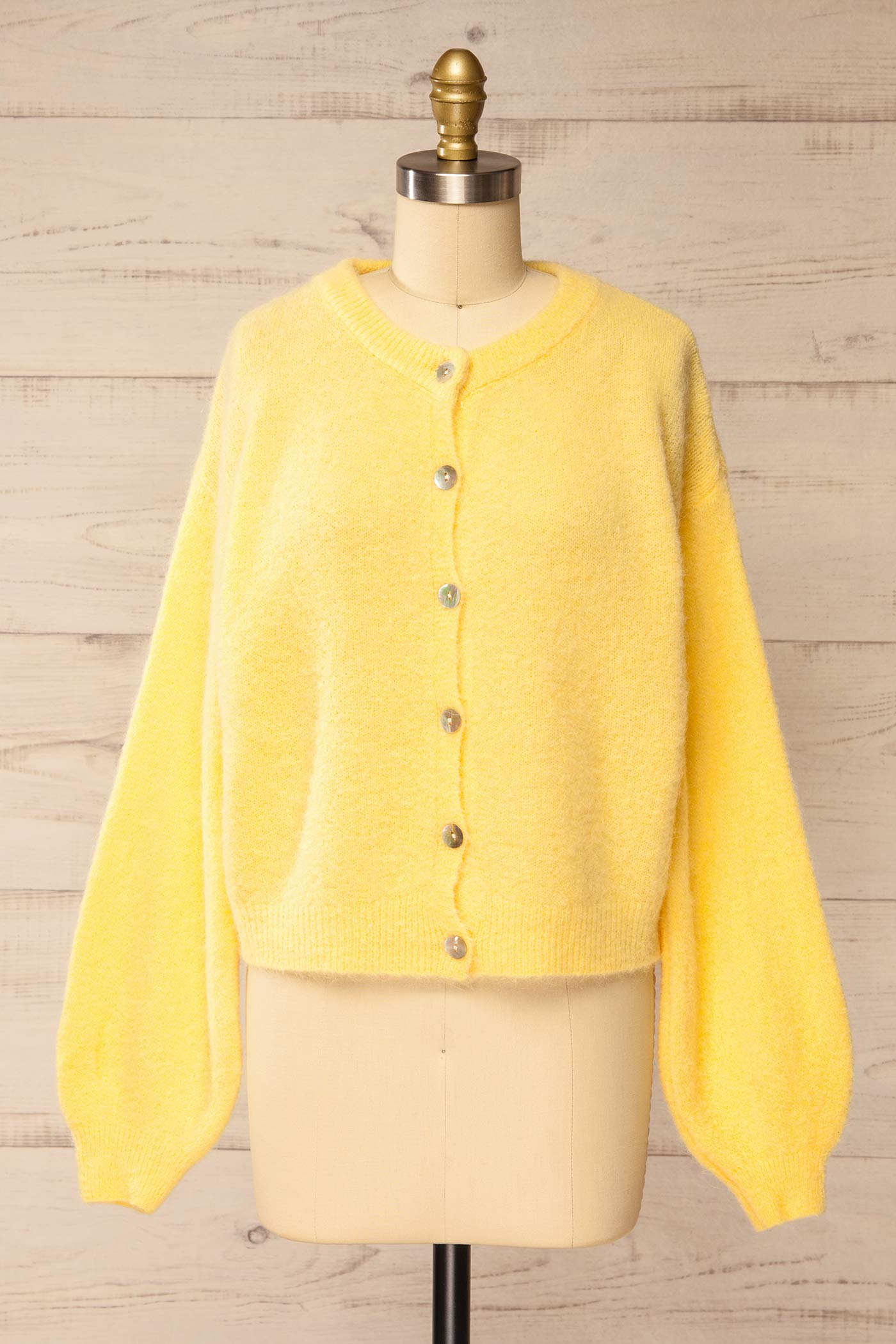 front view of Megumi Yellow Button-Front Knit Cardigan at La petite garçonne