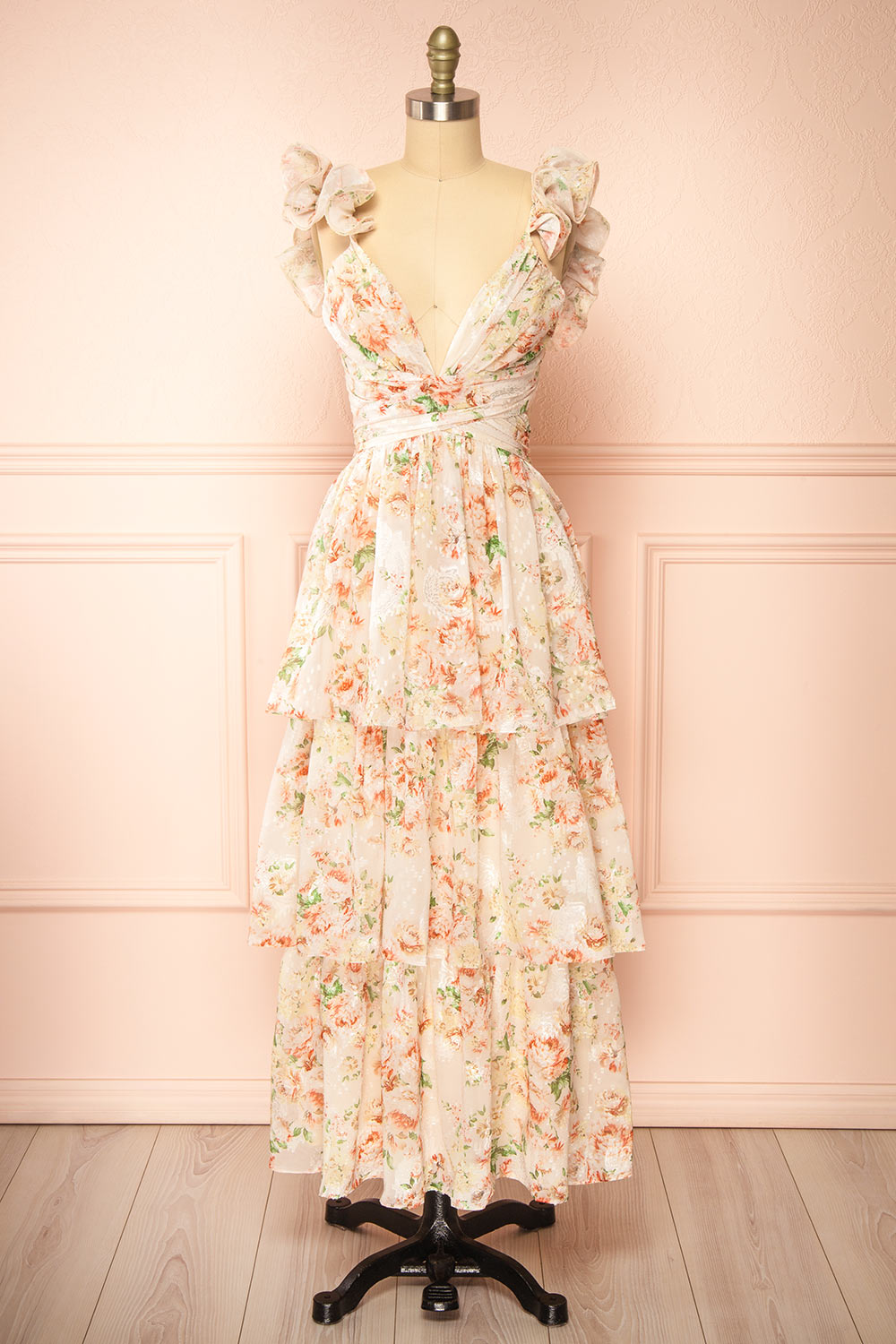Melantha Long Beige Floral Dress w/ Ruffled Straps | Boutique 1861 front view