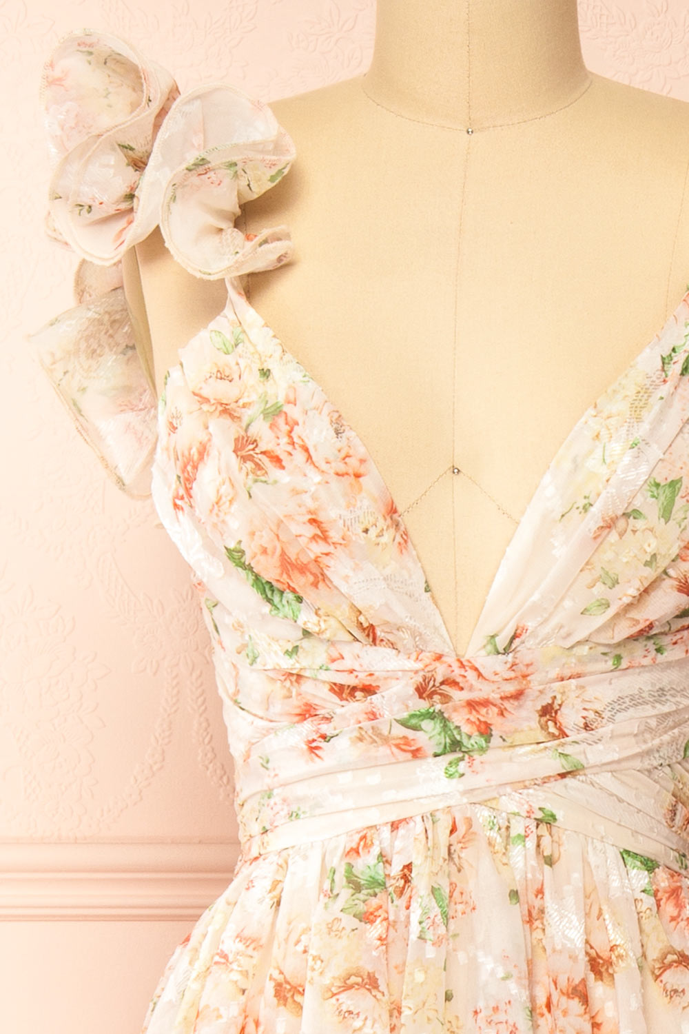 Melantha Long Beige Floral Dress w/ Ruffled Straps | Boutique 1861 front