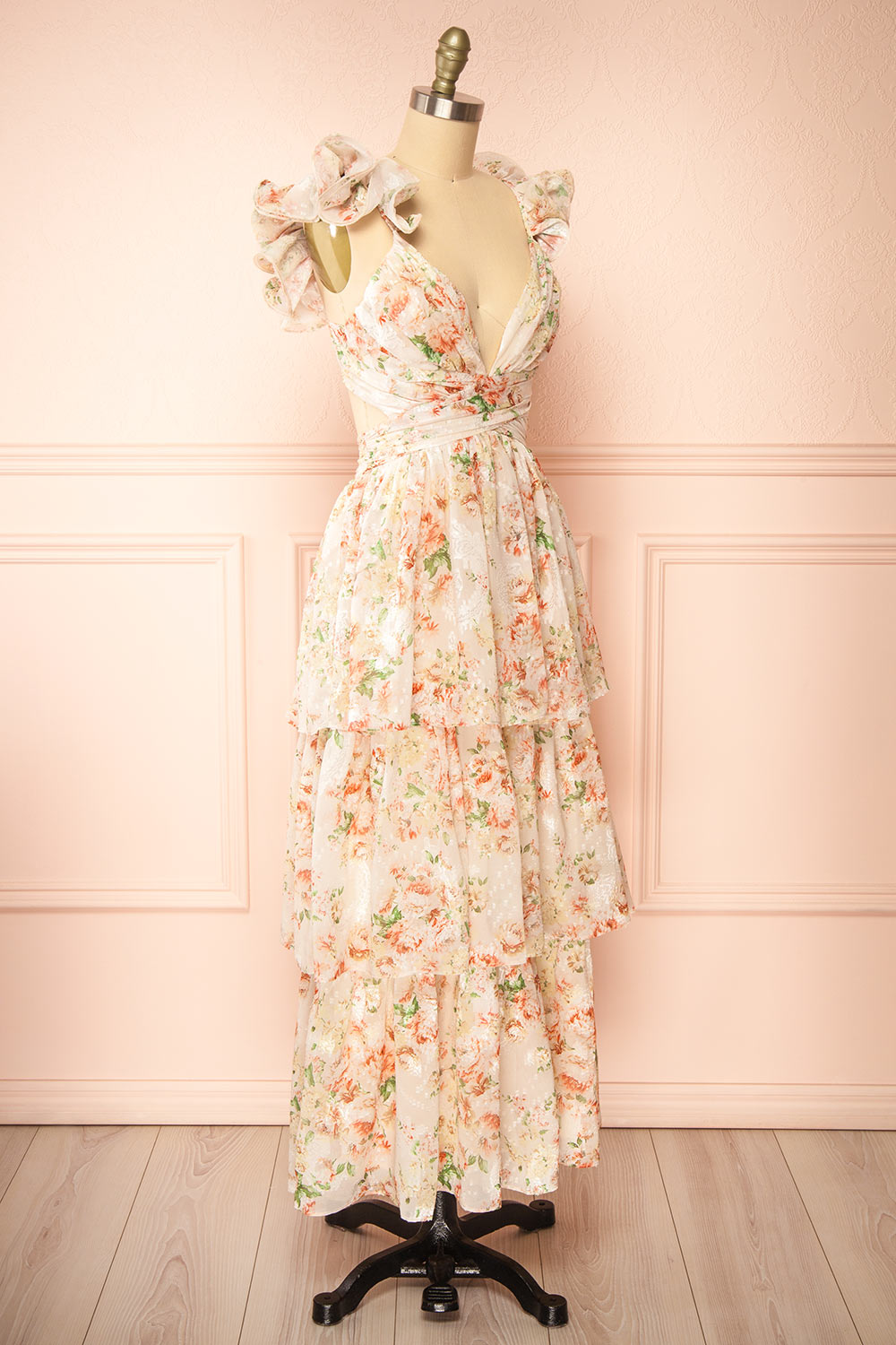 Melantha Long Beige Floral Dress w/ Ruffled Straps | Boutique 1861 side view