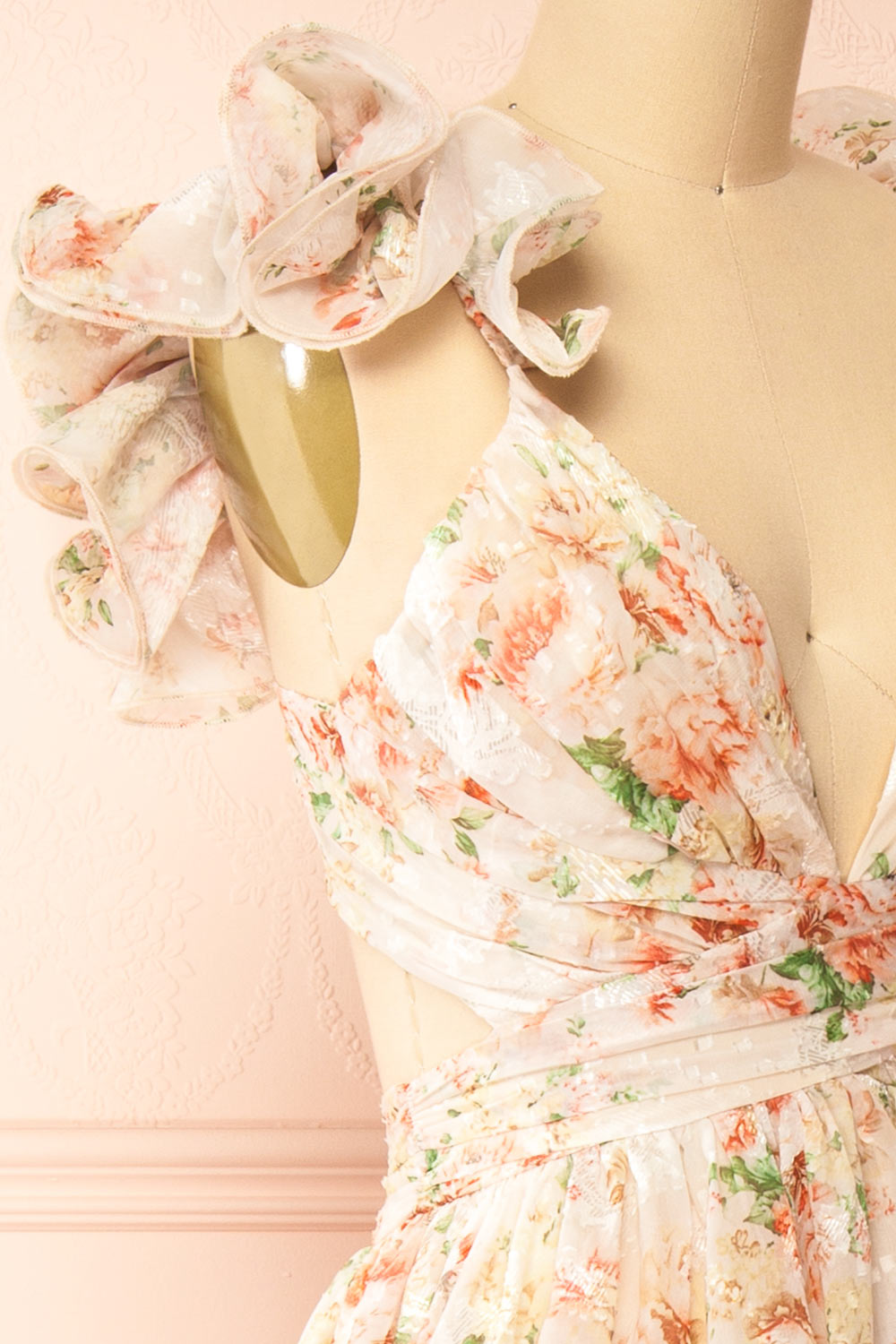 Melantha Long Beige Floral Dress w/ Ruffled Straps | Boutique 1861 side