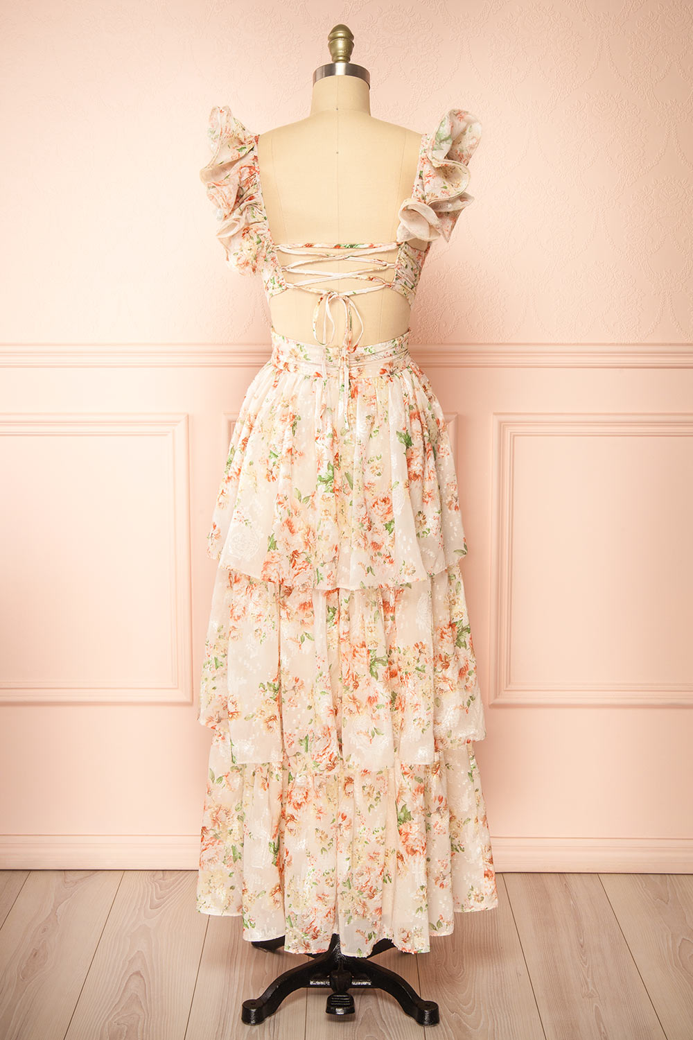 Melantha Long Beige Floral Dress w/ Ruffled Straps | Boutique 1861 back view