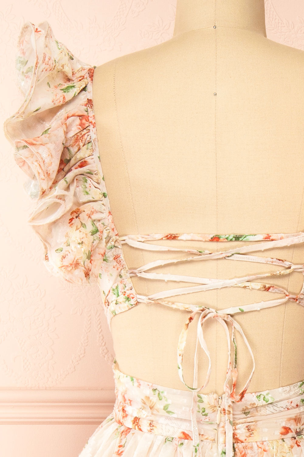 Melantha Long Beige Floral Dress w/ Ruffled Straps | Boutique 1861 back