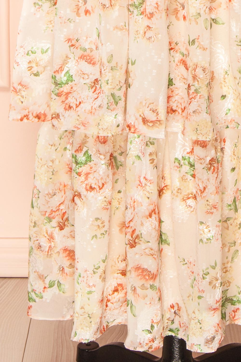 Melantha Long Beige Floral Dress w/ Ruffled Straps | Boutique 1861 bottom