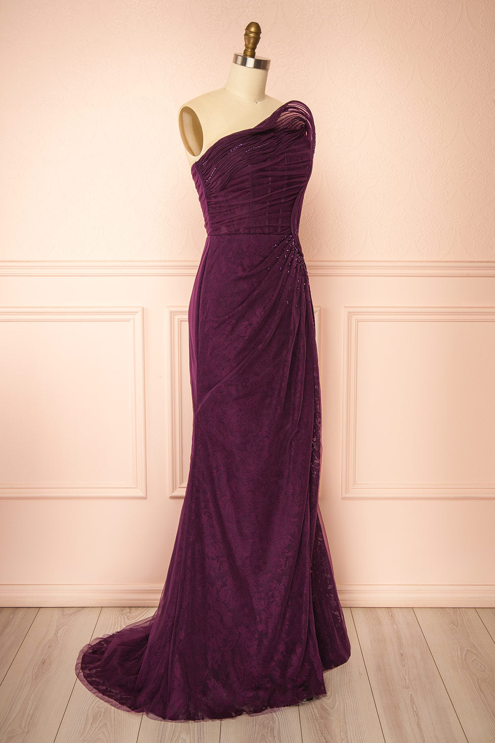 Melora Purple Strapless Maxi Lace Dress with High Slit | Boutique 1861 side view
