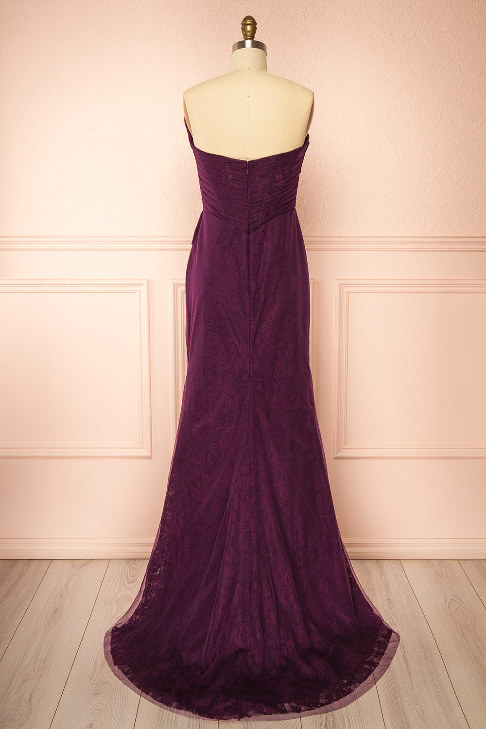 Melora Purple Strapless Maxi Lace Dress with High Slit | Boutique 1861 back view