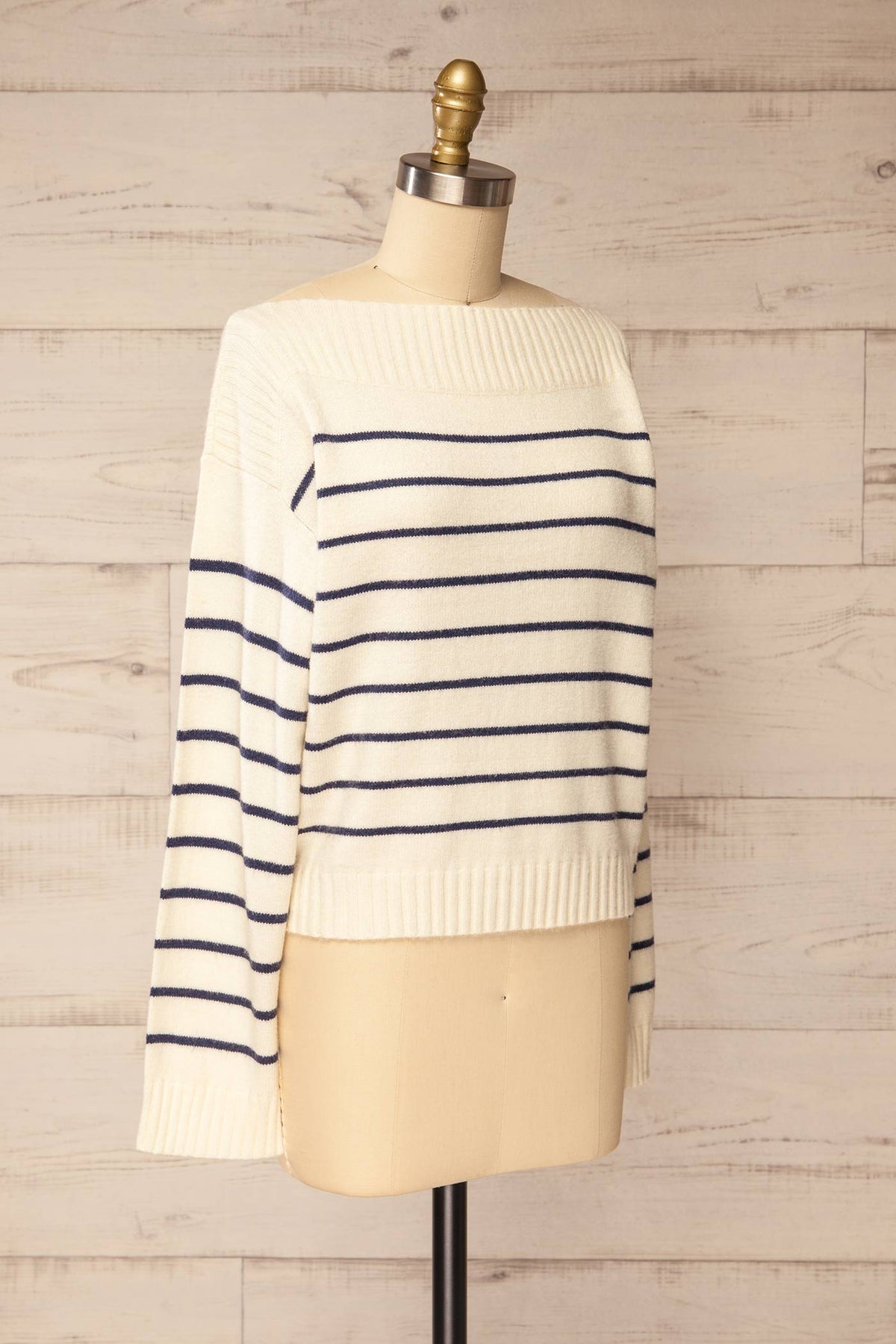 side view of Melton Ivory Striped Boat Neck Knit Sweater at La petite garçonne