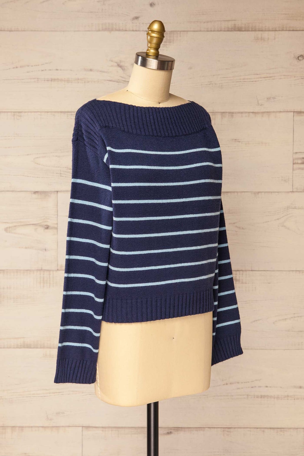 side view of Melton Navy Striped Boat Neck Knit Sweater at La petite garçonne