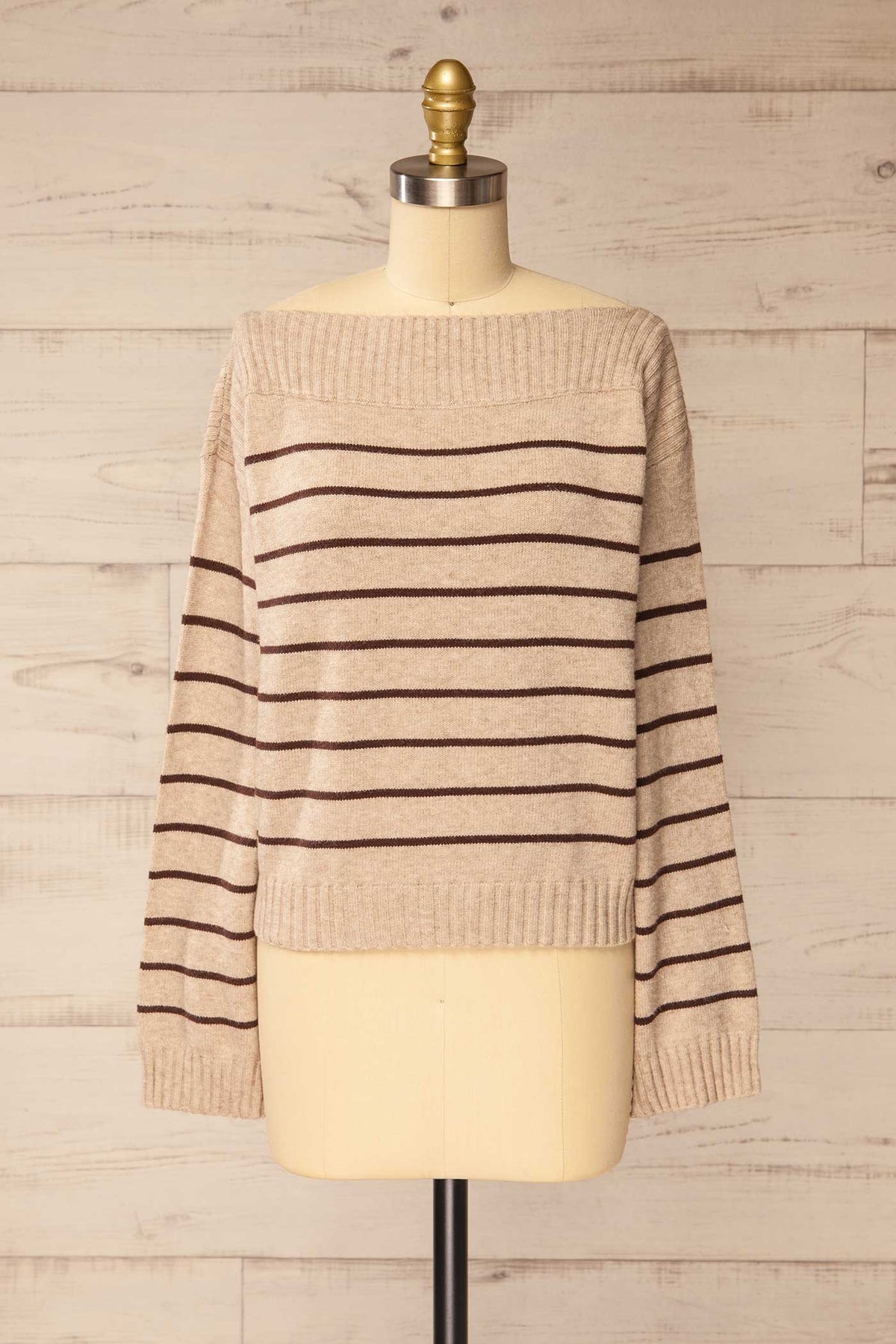 Melton Taupe | Chandail Tricoté à Rayures et Col Bateau
