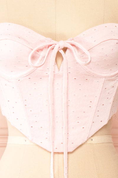 Messalina Pink Cropped Corset Top w/ Tie-Up Bow | Boutique 1861 front close-up