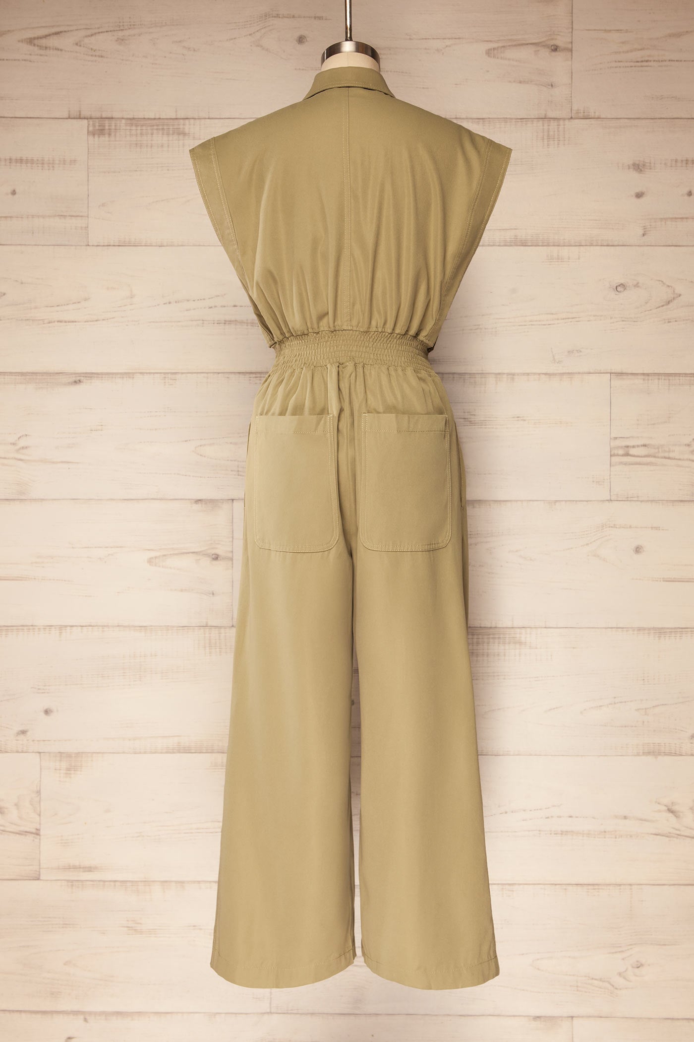 Mestre Khaki Sleeveless Cargo Jumpsuit with Pockets | La petite garçonne back 