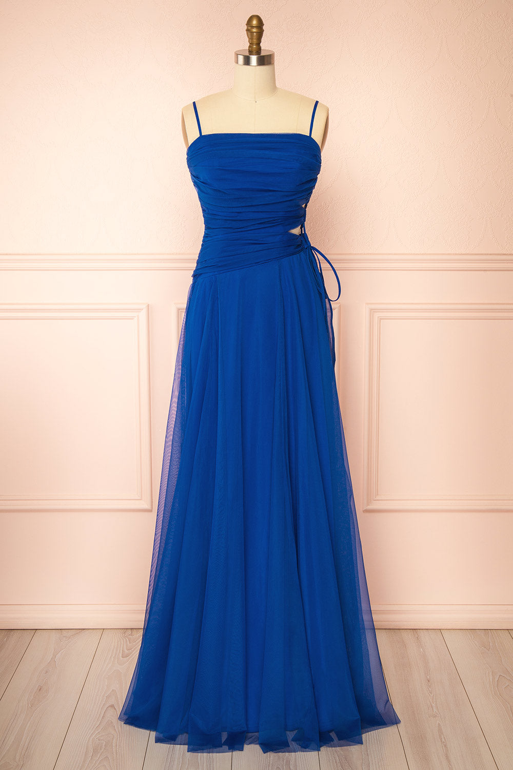Micah Blue Tulle Maxi Dress with Ruched Bodice and Side Cutouts | Boutique 1861 front view