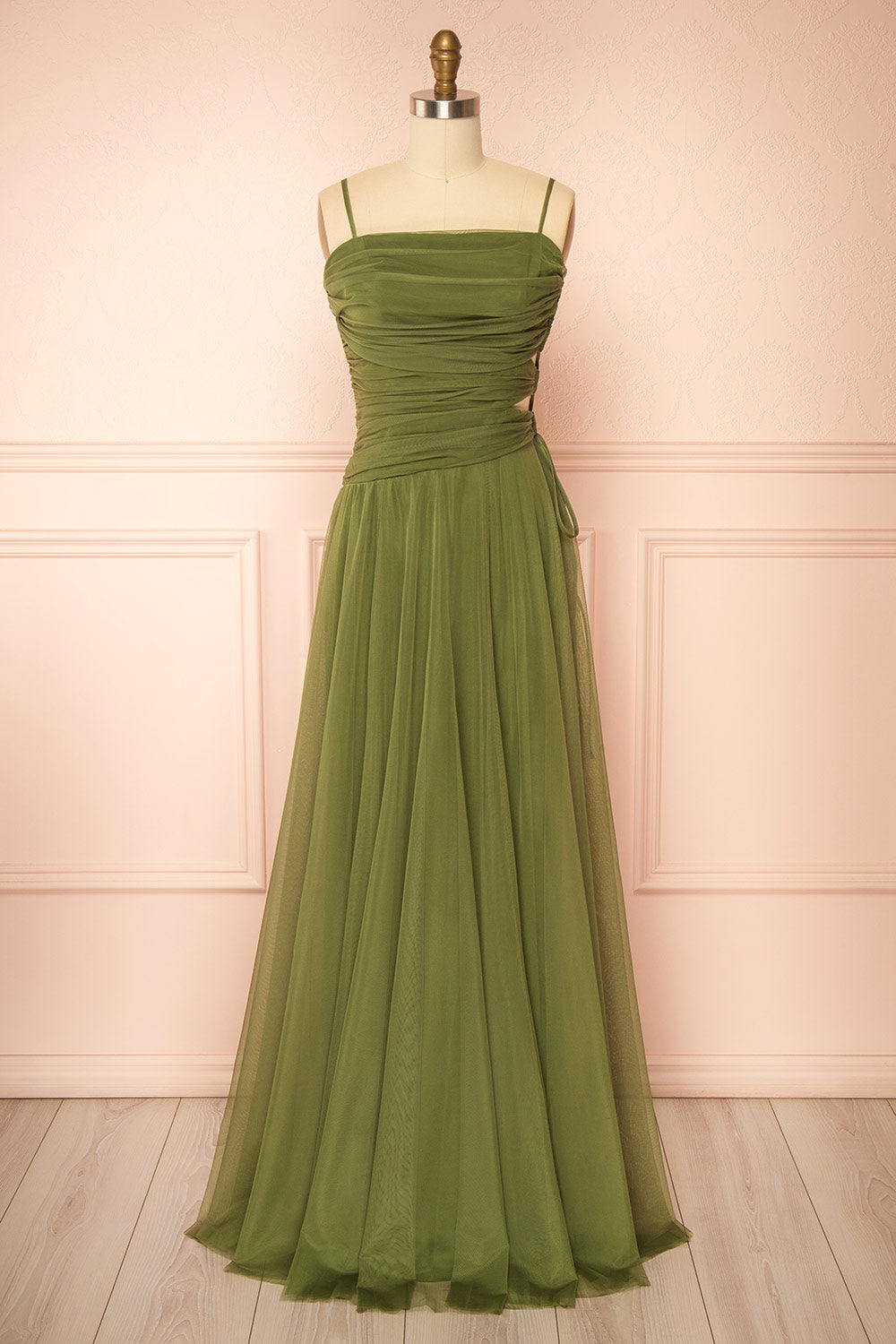 Micah Khaki Tulle Maxi Dress with Ruched Bodice and Side Cutouts | Boutique 1861