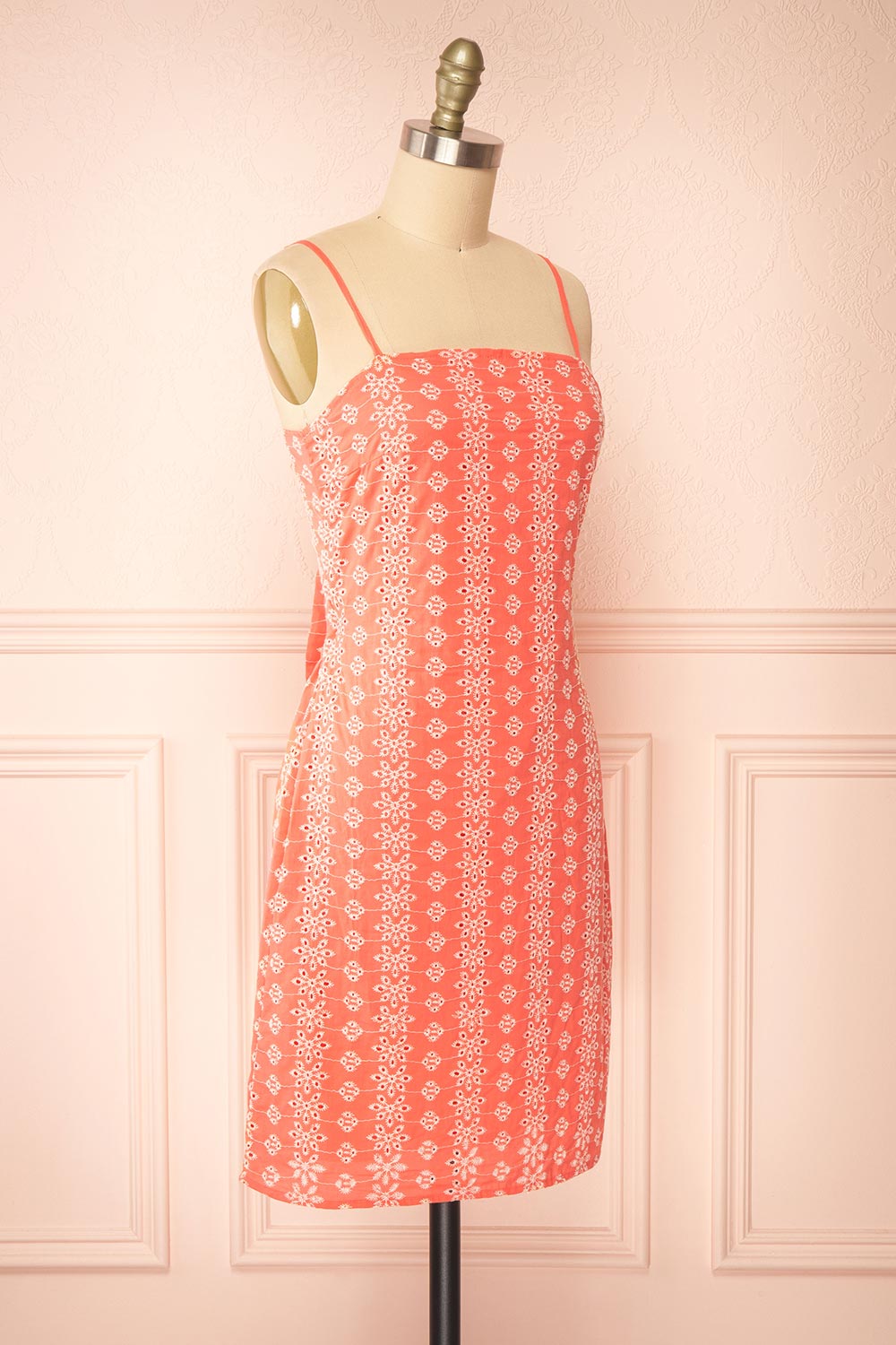 Midge Tie-Back Short Coral Openwork Dress | Boutique 1861 side view