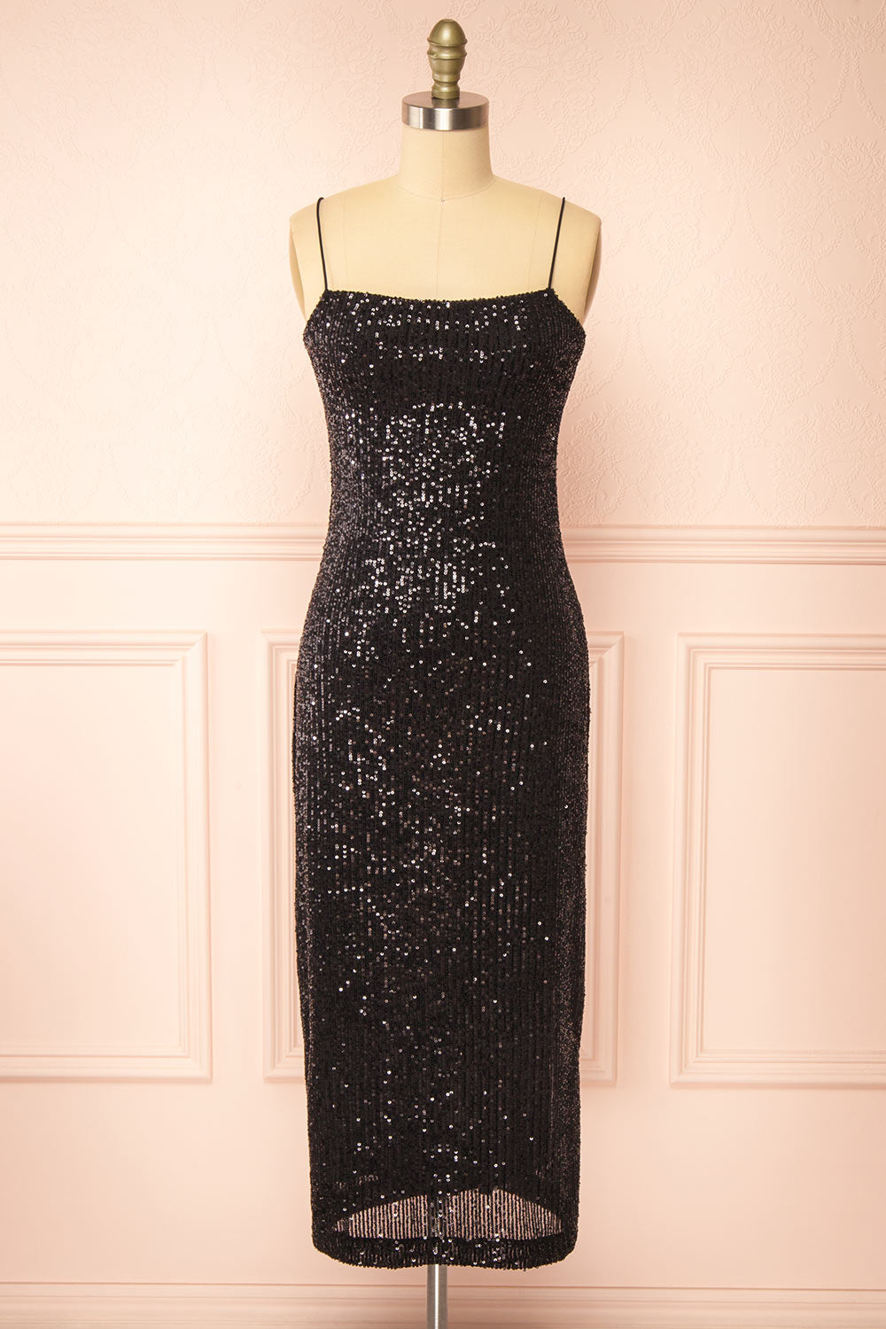 Mikaela Black Sequin Midi Dress w/ Slit | Boutique 1861 front view