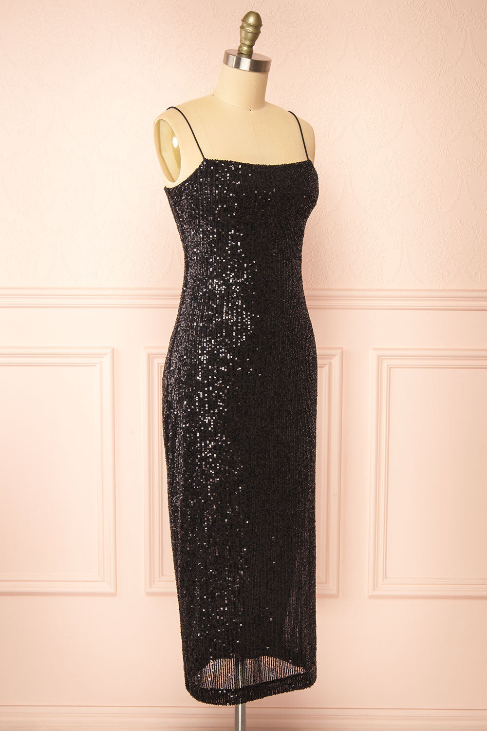 Mikaela Black Sequin Midi Dress w/ Slit | Boutique 1861 side view