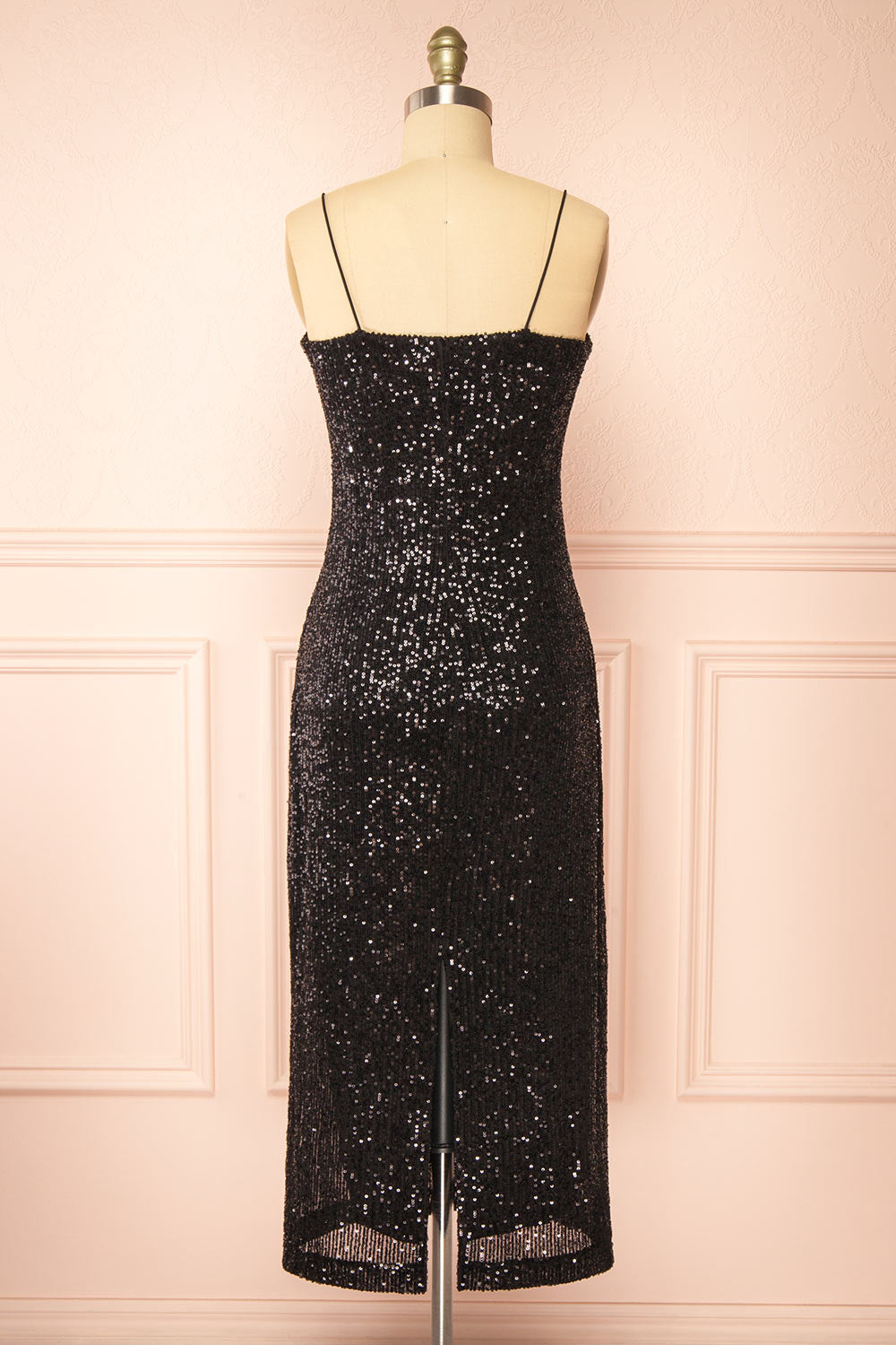 Mikaela Black Sequin Midi Dress w/ Slit | Boutique 1861 back view